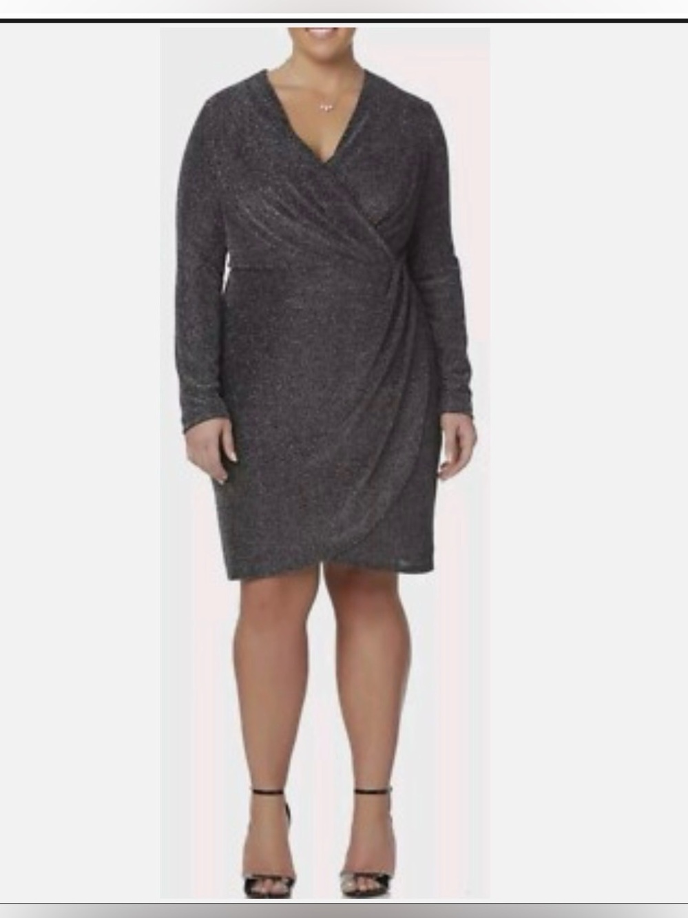 Simply Emma Womens Plus Size 2X Black Metallic Knee Length Wrap- effect Dress